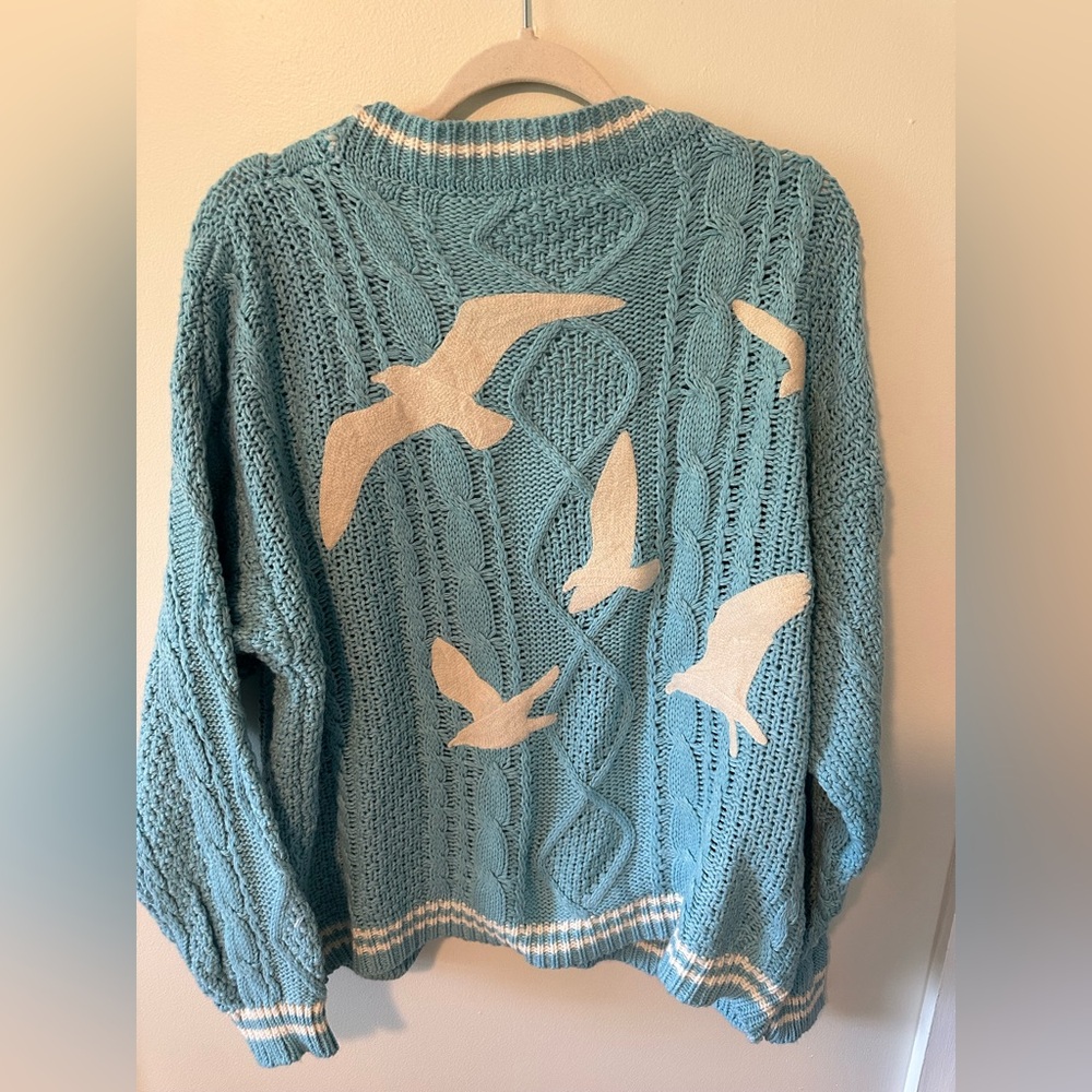 1989 Blue Cable Knit Sweater with Bird Design